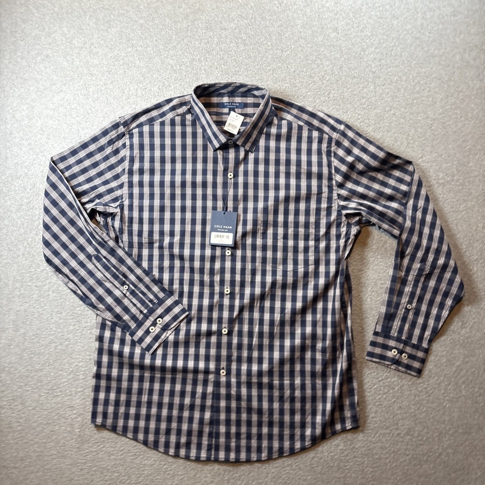 Cole Haan Grand .OS Long Sleeve Button Up Men's XL Blue Gray Chex Preppy Golf
